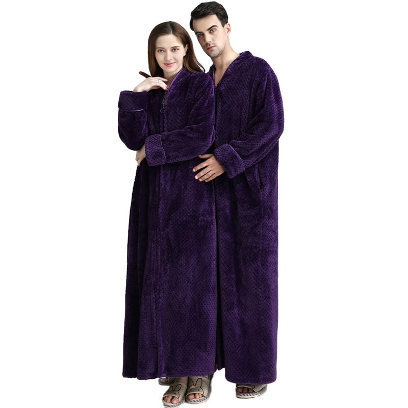 Oksun Womens Fleece Warm Robe: Cozy Flannel Long Zipper Bathrobe - Plush Winter Housecoat Nightgown (Purple, Large) - Image 5